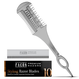 Facón Razor Comb for Hair Cutting - Professional Hair Cutting Comb Kit with 12 Replacement Blades, Double Edge Shaper for Salon & Home, Premium Styling Thinning Texturizing Split Ends Trimming Razor