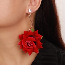 Denifery Boho Red Rose Earrings Rose Flower Dangle Drop Stud Earrings with Sparkly Crystal for Women Statement, alloy, metal, No Gemstone