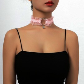 Hanfluenve 1Pcs Adjustable Black Choker Necklace Cat Shape Lace Necklace Handmade Retro Punk Gothic Necklace Cosplay Choker Lolita Bell Collar Women Lace Choker Necklace for Women Parties (Pink)