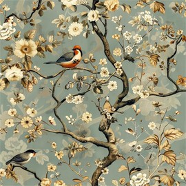 MuralPeel Blue/Yellow White Peony Flowers Bird Vintage Plants Peel and Stick Wallpaper Self Adhesive Removable Easy Peel Off Stick on Wall Paper for Bedroom Cabinet Renter