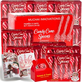 Candy Cane Peppermint Spoons | Edible Stirring Beverages Hot Chocolate Cocoa Tea Coffee Cocktail | Holiday Christmas Gift | Muchai Treat Box & Idea Booklet Included. (12 Units (6ct) 72 Total - Bulk)