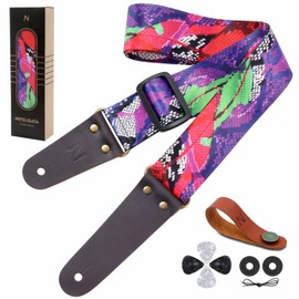 Nefelibata Guitar Strap, Nylon Print Snakeskin Guitar Straps with Head Cowhide Leather Ends for Bass, Electric & Acoustic Guitars, Free Strap Button, 1 Pair Strap Locks and 4 Guitar Picks