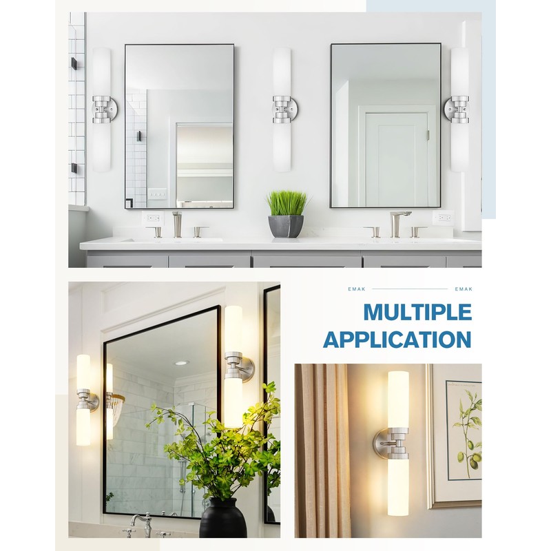 Emak Modern Brushed Nickel Bathroom Light Fixtures, 2-Light Vanity Lights