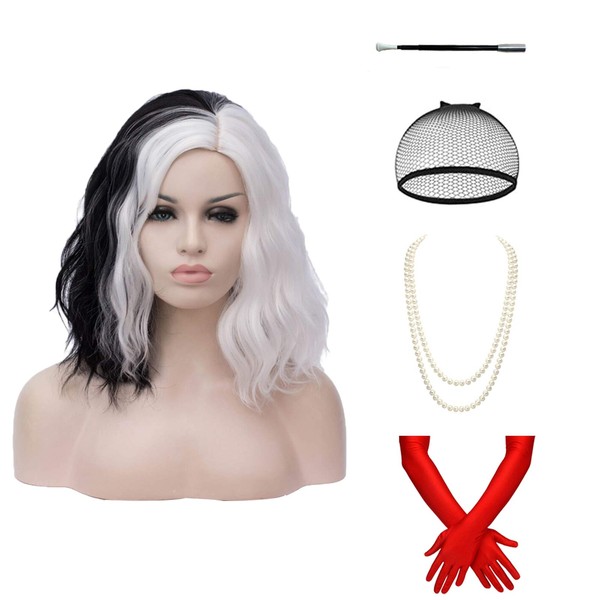 BUFASHION 14" Women Short Black and White Kinky Straight Cosplay Synthetic Wigs With Air Bangs 46 Colors Available (White with Black)