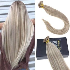 Sunny Flat Tip Fusion Hair Extensions 16inch Golden Blonde with Blonde Highlights Keratin Fusion Human Hair Extensions 16inch 1g/strand 50G