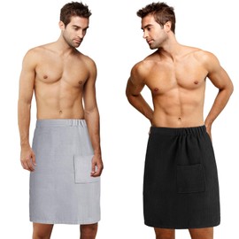 Newwiee 2 Pieces Microfiber Waffle Men's Bath Wrap Quick Absorbent Men Towel Wrap Adjustable Body Shower Wrap for Men Sauna Spa, 59 x 24 Inches/ 150 x 61 cm (Black, Gray)