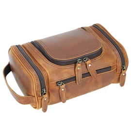Polare Toiletry Bag Full Grain Leather Shaving Kit Dopp Kit Travel Case Wash Bag with YKK Zippers (Brown)
