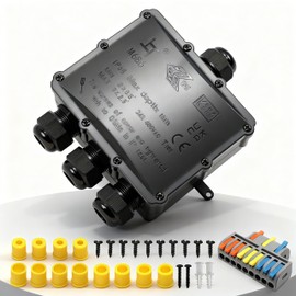 HUYU IP68 Waterproof Junction Box, 4-Way Outdoor Cable Connectors with 4 Cable M25 Gland Wire Connector Electrical Junction Box for 4-14 mm Diameter Cable, 3-IN/ 9-OUT Quick Terminal, Black