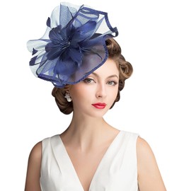 Z&X Fascinator with Headband Clip Cocktail Tea Party Feather Floral Pillbox Hat Black, Mesh Fascinator - Navy Blue, One Size