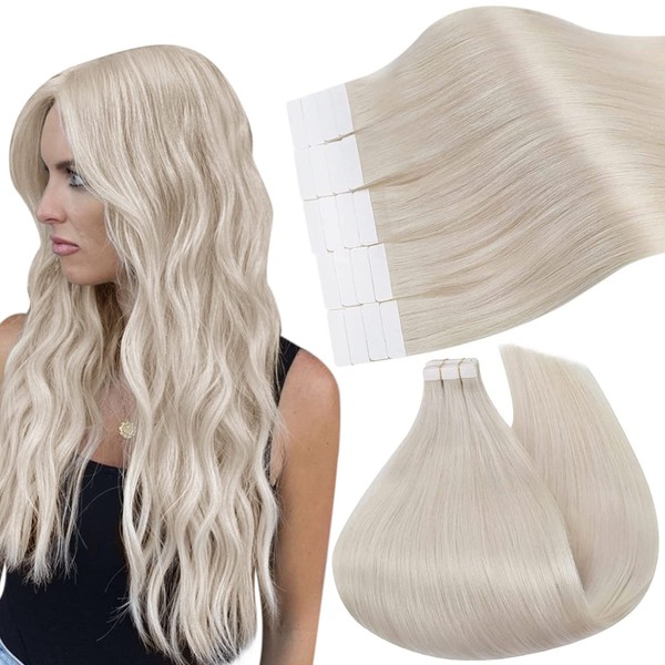 Ugeat 50 cm Tape-in Extensions Human Hair Balayage Tape-in Hair Extensions 50 g Tape-in Extensions Human Hair Remy Hair Seamless Tape-in Hair Extensions 20 pieces White Blonde
