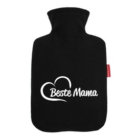 Huuraa Wärmflasche Beste Mama Herz Geschenk 1,8 Liter Black Classic Veloursbezug Beste Mama Präsent