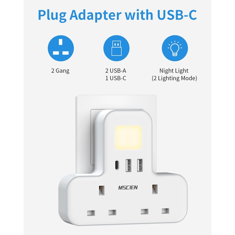 Double Plug Adaptor with USB (1USB-C, 2 USB-A), MSCIEN Plug