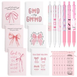 Chiisong 6 Sets Coquette Spiral Notebooks Pink Bow Christian Notebooks Bible Verse Notebook Journal with Pink Ribbon Bookmarks and Retractable Ink Pens Christian Gifts for Women, 5.5"x 8.3"