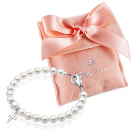Baby Crystals Infant White European Simulated Pearl Bracelet with Sterling Silver Cross Charm - Baptismal & Baby's Baptism Gifts for Baby Girl, Elegant Girls Jewelry