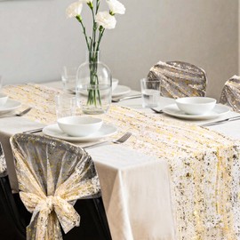 Gold Sequin Table Runner, 28"x118" Sparkle Foil Mesh Table Runner Shiny Party Decoration for Wedding Birthday & Baby Shower
