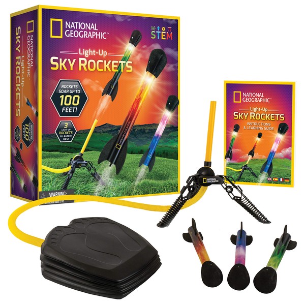 NATIONAL GEOGRAPHIC Air Rocket Toy – Ultimate LED Rocket Launcher for Kids, Stomp and Launch the Light Up, Air Powered, Foam Tipped Rockets up to 100 Feet