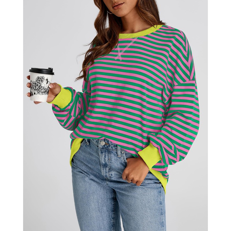BTFBM Womens Oversized Striped Sweatshirt Crewneck Long Sleeve Pullover Top