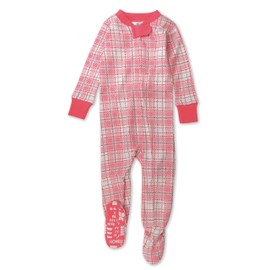 HonestBaby Non-Slip Footed Pajamas One-Piece Sleeper Jumpsuit Zip-Front PJs 100% Organic Cotton for Baby Girls, Romantic Plaid, 24 Months