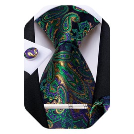DiBanGu Silk Floral Ties for Men Woven Paisley Necktie and Tie Clip Handkerchief Cufflinks Set for Party Wedding, Green and Gold