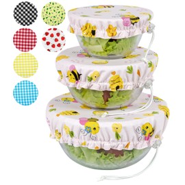 Handmade Reusable Cotton Fabric Bowl Covers - Two Layers of Fabric (Set of 3, Bees on Pink)