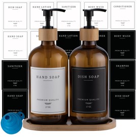 Amber Glass Soap Dispenser - Dish Hand Soap Dispenser for Kitchen Set, Soap Lotion Dispenser Bathroom with Sturdy Pump and Tray, 14 Waterproof Labels,Refillable Dispenser-Amber