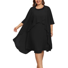 Womens Plus Size Formal Dress with Jacket Flowy Chiffon Cocktail Party Dress Flowy Mother of The Bride Dress Black 22 Plus