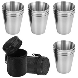 CHJIEJIE TAFAFTL Pack of 12 Stainless Steel Cups, Small Stainless Steel Cups, Portable Metal Cups, Stackable Drinking Cups, Stainless Steel Cups with 3 Leather Cases with Zip for Camping, Picnics,