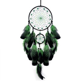 SOYUZU Green and Black Dream Catcher Wall Decor Feather Dream Catchers with Luminous Bead Handmade Dreamcatcher Wall Hanging Ornament for Bedroom Living Room Home Decor