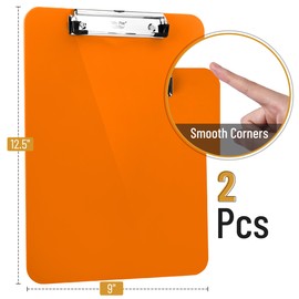 Mr. Pen- Plastic Clipboard, 12.5" x 9", 2 Pack, Orange Clipboard Plastic, Low-Profile Metal Clip with Retractable Hanging Hole