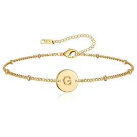 Staligue Gold Initial Bracelet for Women 18K Gold Plated stainless steel Beaded Chain Coin Disc Engraved A-Z letter Bracelet, 6inch, Stainless Steel, no gemstone