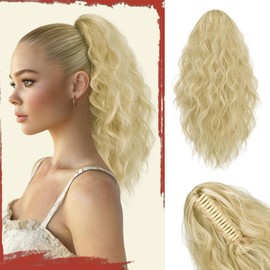 SOFEIYAN Ponytail Extension, 16 inch Claw Clip Ponytail Extension Wavy Curly Ponytails Synthetic Pony Tails Hair Extensions Natural Fake Hairpiece for Women - Beige Blonde Mix Blonde