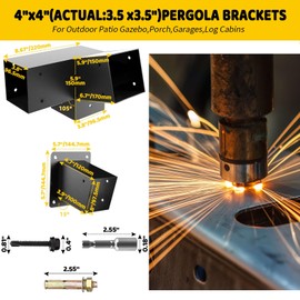 Pergola Slanted Roof Bracket kit 4 Pack,3-Way 15-Degree Right Angle Corner Bracket with Wall Mount Post Base for 4x4 (Actual:3.5“x3.5) Lumber for Pergolas/Gazebos,Porchs - 4Pack