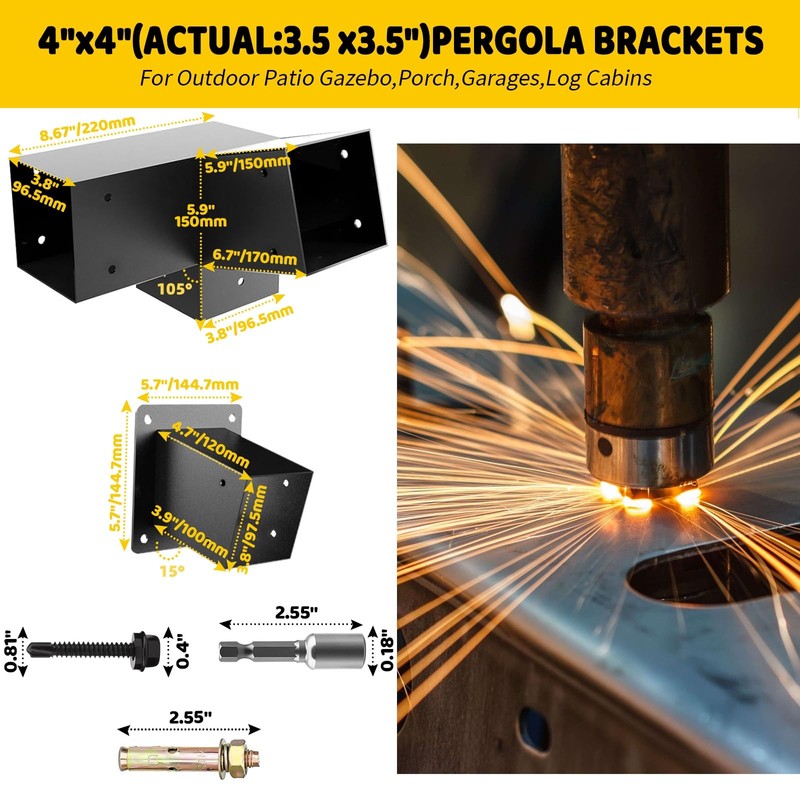 Pergola Slanted Roof Bracket kit 4 Pack,3-Way 15-Degree Right Angle