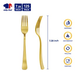 125 Count Gold Plastic Disposable Forks Heavy Duty, 7.28 Inch Heat Resistant Durable Gold Dinner Forks Perfect for Parties, Wedding, Daily Events