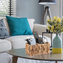 BSTKEY Natural Water Hyacinth 2-Slot Remote Control Holder, Hand-woven Remote Control Organizer Caddy Tea Bag & Coffee Pod Storage Holder Tabletop Stationey Organizer (No Accessory)