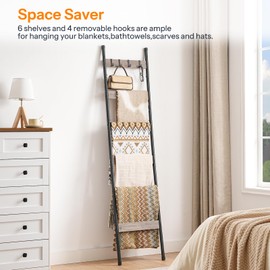 HOOBRO Blanket Ladder, 6-Tier Towel Rack with Hooks, Wall-Leaning Blanket Rack, Decorative Display Ladder Shelf, Scarves, Industrial, Living Room, Bedroom, Black and Greige BG66CJ01