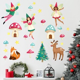 Mfault Christmas Fairy Mushroom Wall Decals Stickers, Xmas Tree Elf Fox Deer Star Nursery Decorations Baby Girls Bedroom Art, Toddlers Kids Room Playroom Home Decor Winter Holiday Gifts