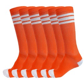 3 Pairs of juDanzy Knee High Boys or Girls Stripe Tube Socks for Soccer, Basketball, Uniform and Everyday Wear, Orange With White Stripes (3 Pair), 2-4T