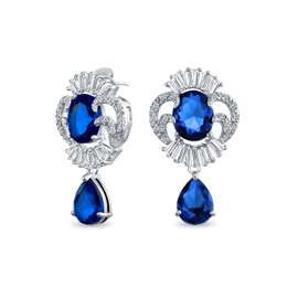 Art Deco Style Blue CZ Teardrop Crown Baguette Simulated Sapphire Dangle Prom Statement Earrings Silver Plated Brass