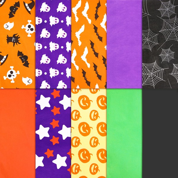 SANNIX 100 Sheets Halloween Tissue Paper Black Orange Gift Wrapping Paper Bulk for Halloween Gift Wrapping Boxes Ghost Bat Art Tissue Paper Halloween Fall Party Decor 19.7 ×13.8 Inch (10 Patterns)