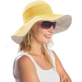 ASSQI Womens Foldable Shapeable Brim Sun Hat UPF 50+ Cotton Wide Brim Beach Adjustable Chin Strap Hat Sun Protection Cap (Yellow)