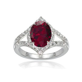 Lovve Sterling Silver Created Ruby & White Topaz Oval Fashion Split Shank Ring, Size 7