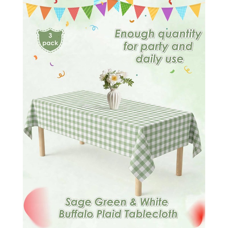 Hapring Sage Green Gingham Tablecloth 3 Pack, Waterproof & Easy