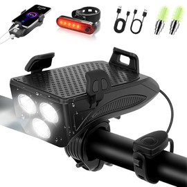 Luces para Bicicleta 4800mAh / 12000 Lúmenes con Luz Trasera Recargable, Soporte para Celular Integrado, Linterna de Bicicleta con Bocina Incorporada de 140 dB y 2 Luces de Boquilla
