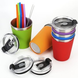 ShineMe 5Pack Kids Cups with Straws and Lids Spill Proof, 12oz Toddler Straw Cups with Colorful Silicone Sleeves, Unbreakable Stainless Steel Water Tumblers for Cold & Hot Drinks