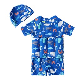 Floatie Swimsuit for Toddlers Boys Girls Floating Bathing Suit Baby Kids Float Learn to Swim Suit Floatation Beach Pool, Blue Sea 1-2T 12-18 Months