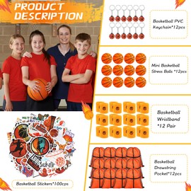 LEIFIDE 148 Pcs Basketball Party Favors Include Basketball Gift Bags with Drawstring, Sports Wristbands, Mini Basketball, Keychain, Sports Sticker Birthday Team Gift for Boys Kids Party Supplies