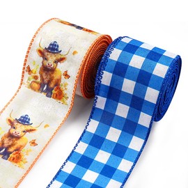 Estivaux 2 Rolls Cute Animal Ribbons for Crafting, Spring Summer Wired Edge Ribbon Blue Buffalo Plaid Ribbon Bow Birthday Calf Farmhouse Burlap Ribbon for Gift Wrapping Baby Shower Decorations Supply