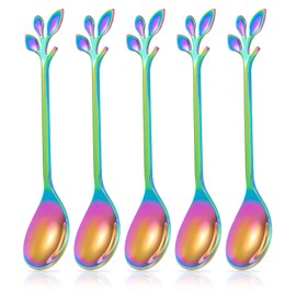 5 Pcs Rainbow Leaf Coffee Spoons, 4.7 inch Stainless Steel Ice-Cream Tea Sugar Spoons, Espresso Stirring Spoons for Mixing, Cold Drink, Dessert, Parties Tableware