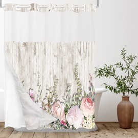 Tititex No Hooks Snap in Liner Pink Roses with Rustic Wood Shower Curtain Sets, Hotel Luxury Double Layers Waterproof Fabric & See-Through Top Window Bathroom Decorative 72x72 Inch